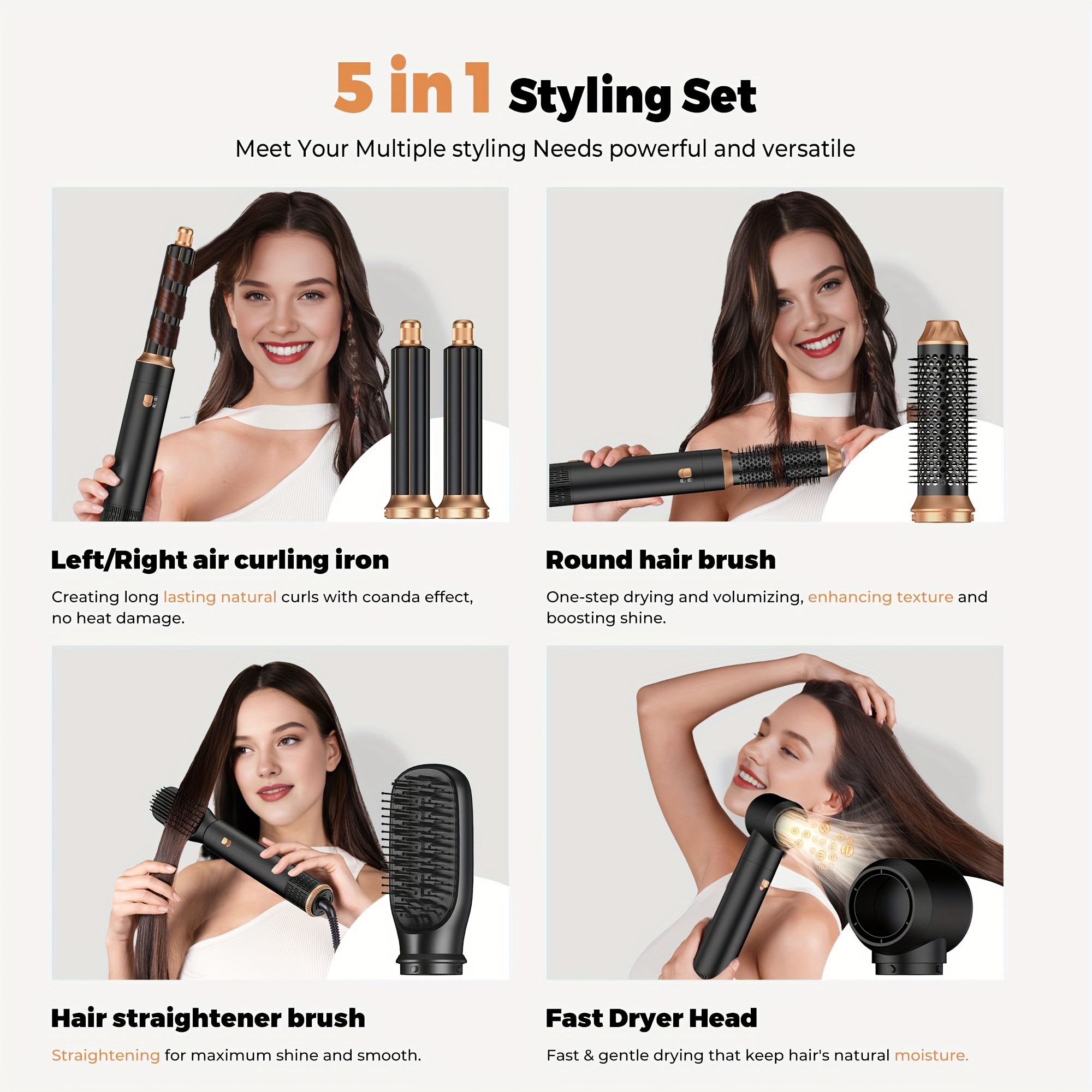 5-u-1 Četka za Vruć Vazduh za Stilizovanje Kose, Ola Četka od 1000W, Multifunkcionalni Pegla i Uvijač za Kosu, Štapić za Ispravljanje i Uvijanje Kose