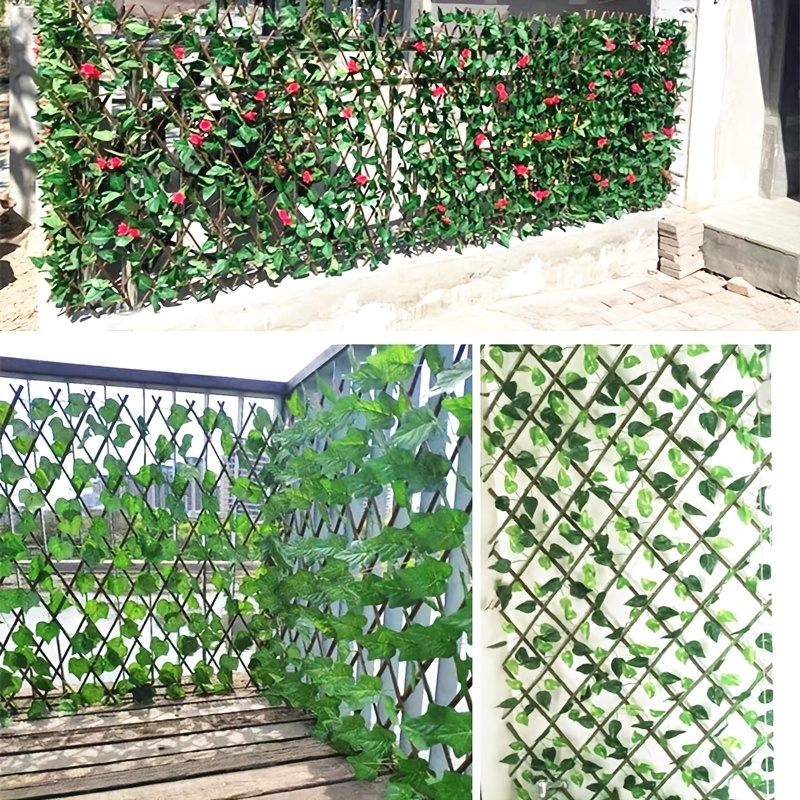 【2.5D】 [2.5D] Jedno pakovanje proširive veštačke ograde dimenzija 180 na 30 cm, sa zelenim lišćem i ukrasnim lažnim cvećem. Ova spoljna drvena ograda je otporna na koroziju i služi kao baštenska ograda, rešetka za penjanje biljaka.