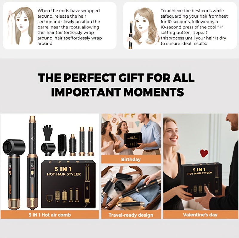 5-u-1 Stajler za Vrući Vazduh za Žene, 1000W Jonska Četka za Sušenje Kose sa LCD Ekranom, 3 Podešavanja, Uvijanje & Nastavci, Četka za Kontrolu Kovrdžanja i Feniranje