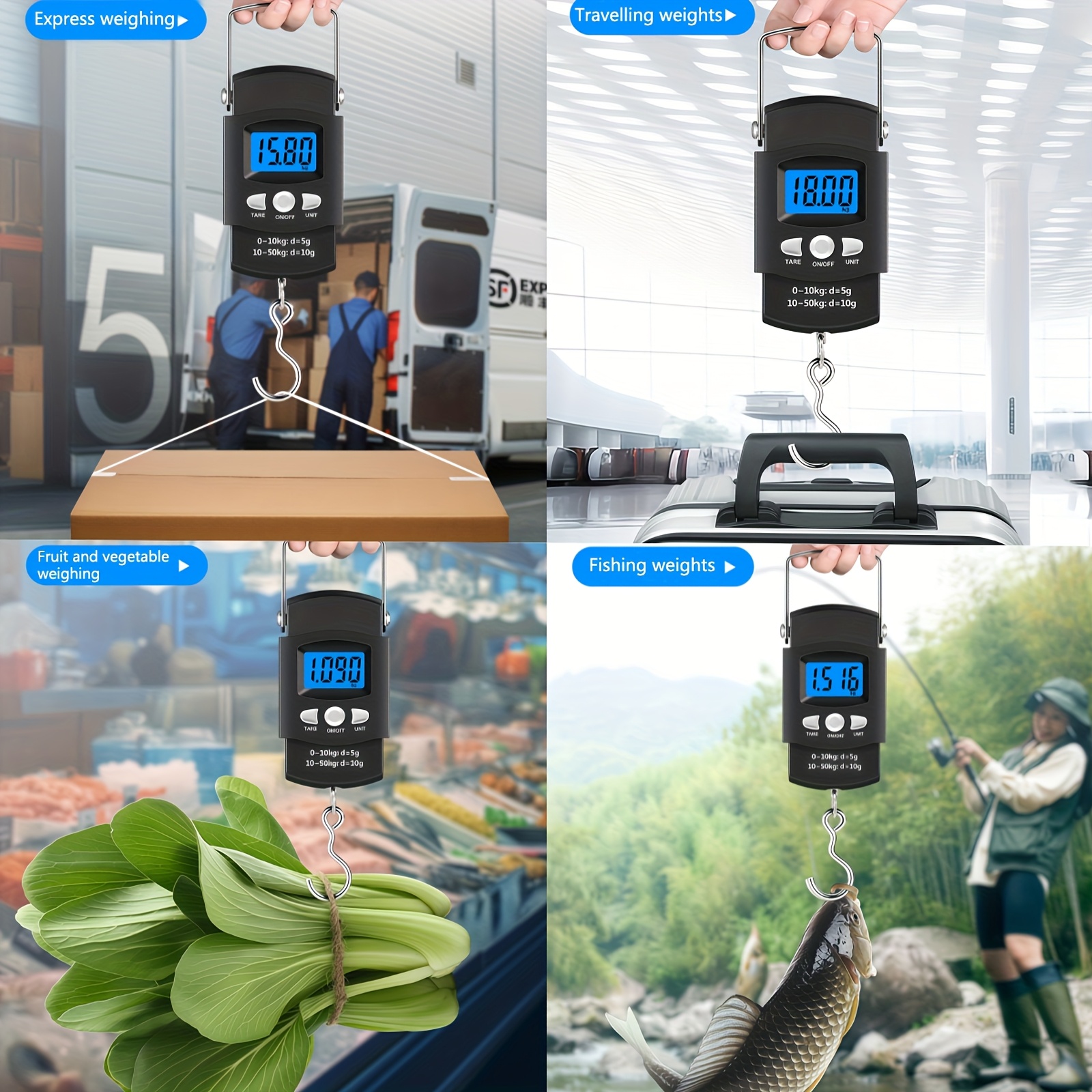 Prenosiva digitalna vaga sa kapacitetom od 110 funti ili 50 kilograma, precizno merenje do 0,1 funte. Uključuje LCD displej sa pozadinskim osvetljenjem, funkciju tare i dolazi sa metrom od 1 metar, idealna za merenje prtljaga, tereta ili riba
