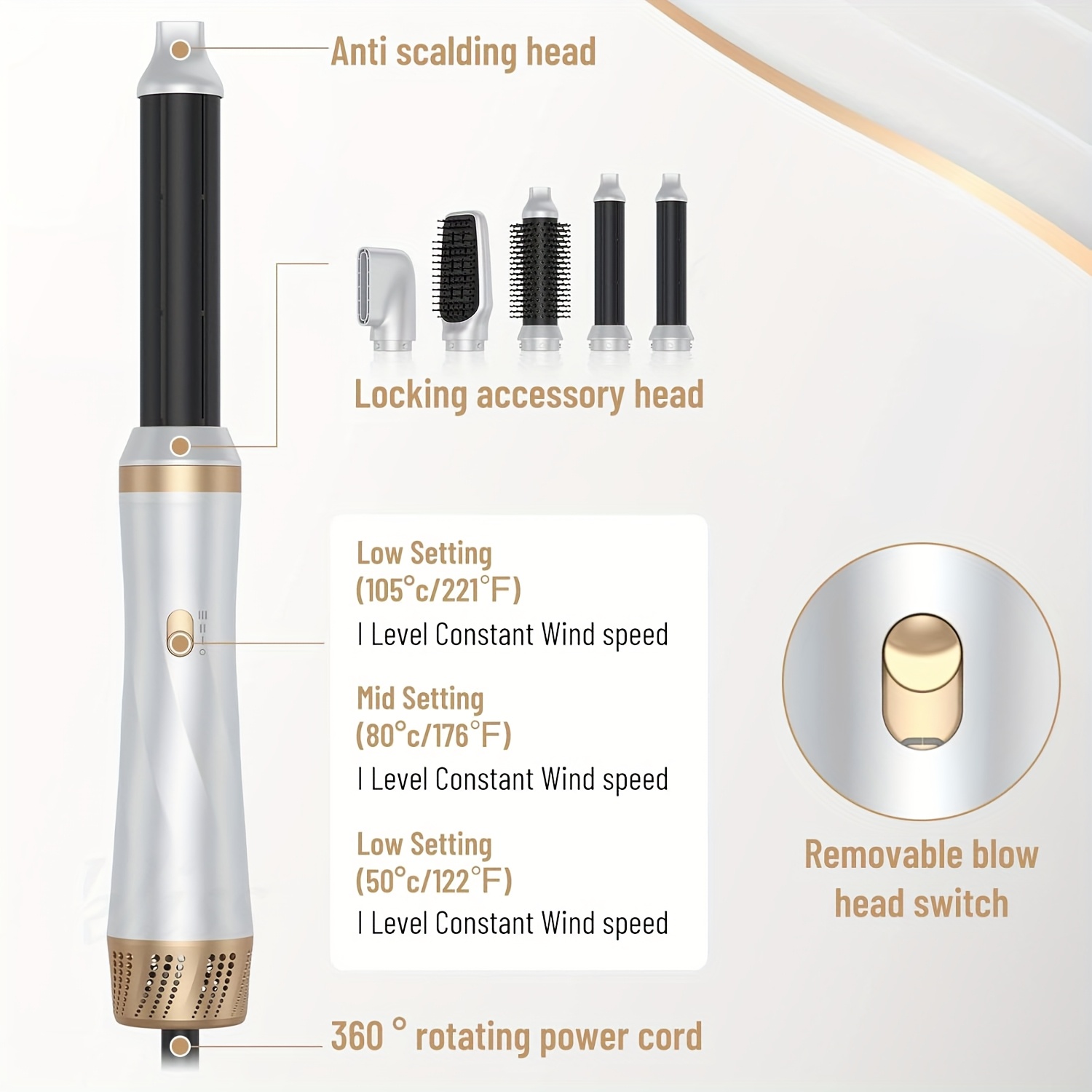 STYLEFI Visokokvalitetni Električni 5-u-1 Profesionalni Set za Stilizovanje Vrućim Vazduhom Sadrži Fen za Kosu od 1000W, Uvijač, Pegla za Kosu, Olu Četku i Difuzor. To je Svestrana Oprema Salonskog Kvaliteta sa Odvojivim Multifunkcionalnim Alatima za Stilizovanje