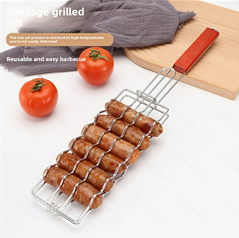 Roštilj za kobasice od nerđajućeg čelika sa drvenom drškom - Dizajniran da bude neprijanjajući i lak za oslobađanje, sa čvrstom metalnom konstrukcijom idealan za kampovanje na otvorenom i roštiljanje, savršen za pečenje kobasica, za kuvanje u kampovanju