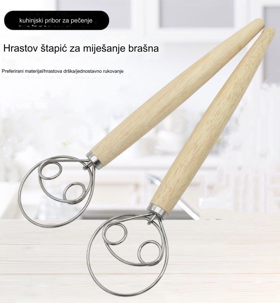 Mutilica za jaja od nerđajućeg čelika sa duplim petljama i drvenom drškom | 304 nerđajući čelik, idealna za mešanje testa i brašna