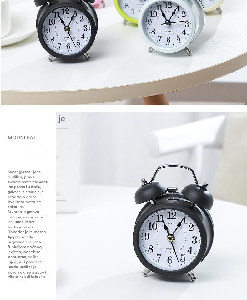 Kreativni metalni budilnik sa tihim noćnim svetlom za decu i učenike, moderan i klasičan noćni stočić