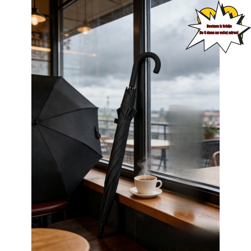 1 kom Klasični Crni Kišobran sa Dugom Drškom | Jednobojna Zakrivljena Drška, Za Sve Vremenske Uslove, Neophodan za Poslovna Putovanja, Kiša za Svakodnevno Putovanje, Pongee 210T, 8 Rebara, Čelični Ram