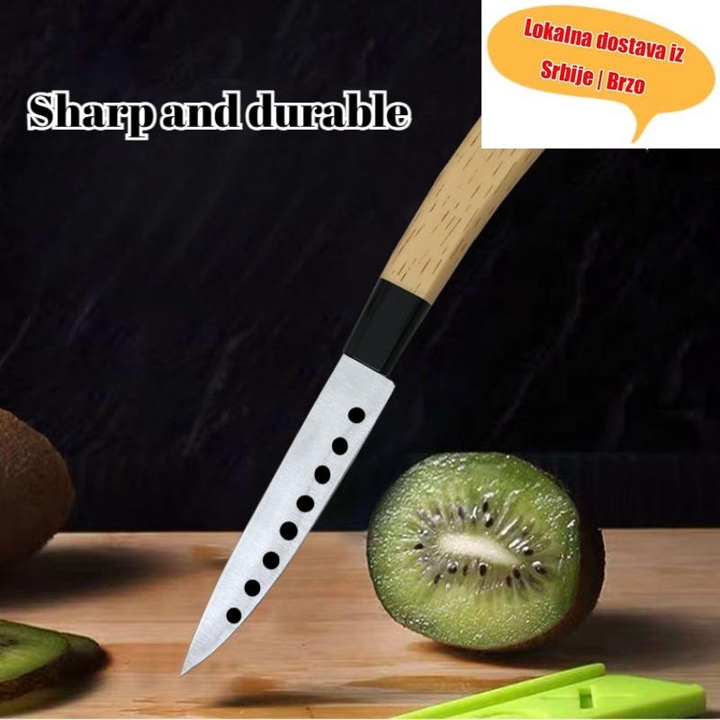 Nož za voće od nerđajućeg čelika sa oštrim i izdržljivim dizajnom, pogodan za upotrebu u domaćinstvu, sa šupljim kružnim sečivom i drvenom drškom za sečenje voća i povrća