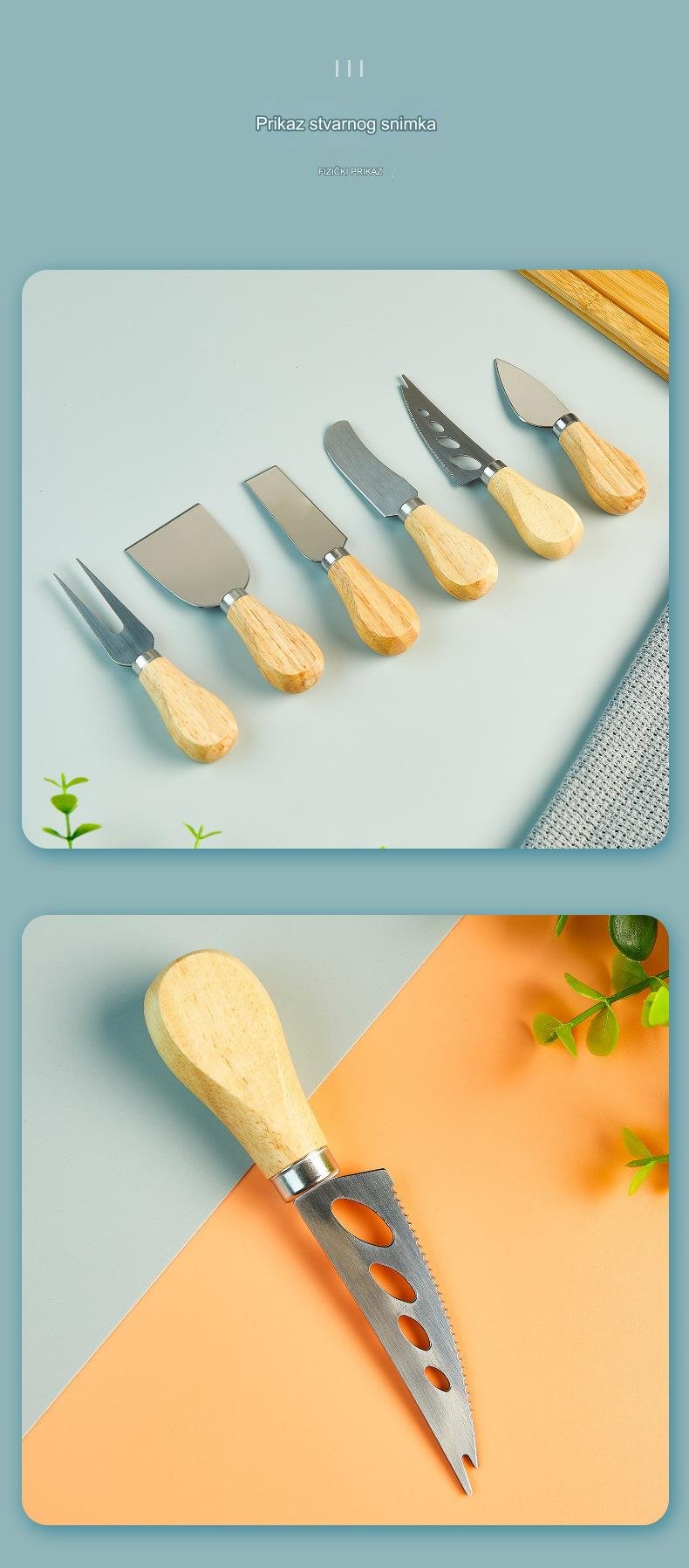 Set noža za sir i sekača za pizzu od nerđajućeg čelika sa drvenom drškom - Oštrica za teške uslove, višenamenski nož za tortu i posuđe, pogodan za posluživanje na zabavama, sečenje sira