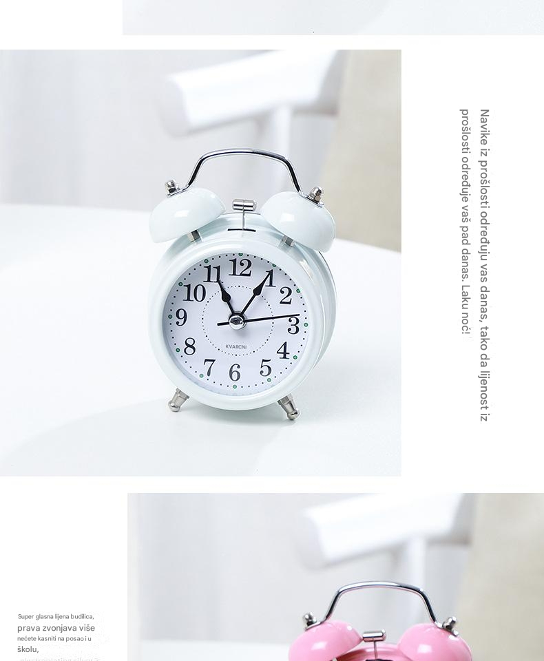 Kreativni metalni budilnik sa tihim noćnim svetlom za decu i učenike, moderan i klasičan noćni stočić