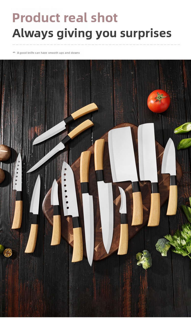 Premium set kuhinjskih noževa oštrih kao britva | Oštrice od visokougljeničnog nehrđajućeg čelika, drške u boji drveta, idealni za sečenje povrća i voća