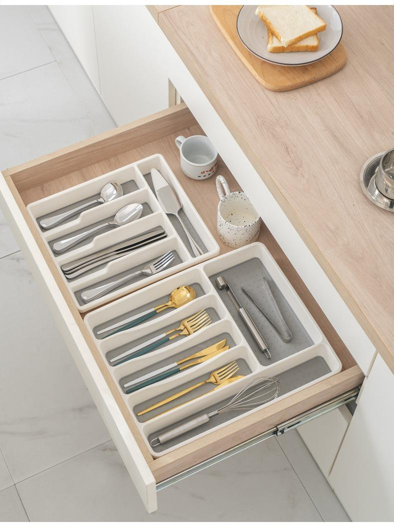 Zidni organizator za kuhinjski pribor sa pregradama za blokove i pribor - Izdržljiv ABS beli i drveni izgled (Montaža bez alata) - Štedi prostor, fioka/traka za noževe, viljuške, kašike, špatule, mutilice