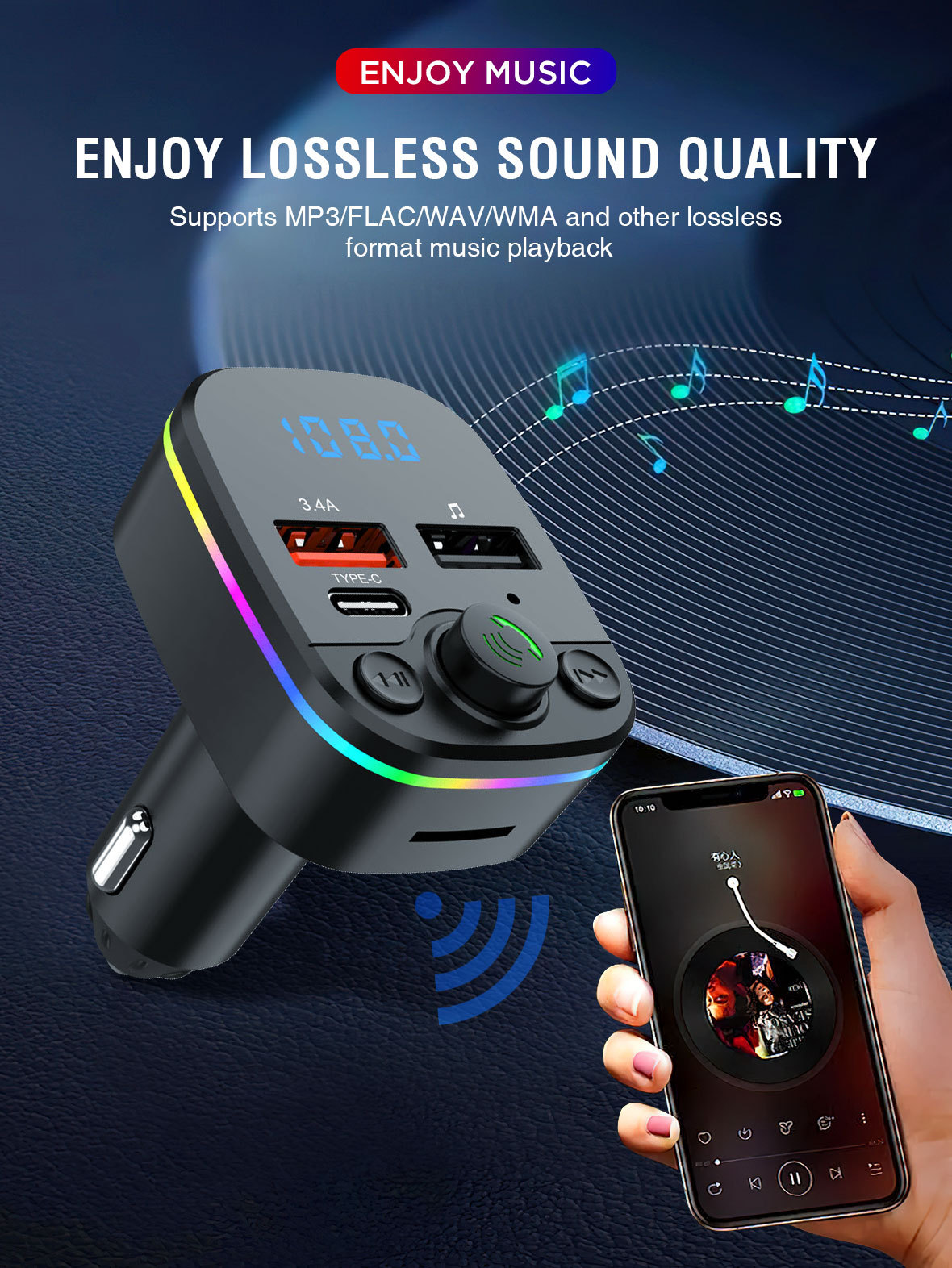 Auto MP3 Plejer sa Hands-Free Pozivima, FM Predajnikom, Upaljačem, Utorom za Memorijsku Karticu & Punjačem za Pametne Telefone/Tablete - Kompatibilan sa Utičnicom za Upaljač (Bez Spoljnog Napajanja)