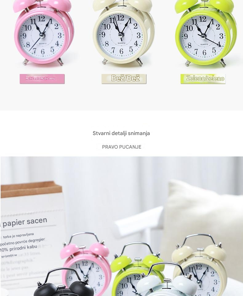 Kreativni metalni budilnik sa tihim noćnim svetlom za decu i učenike, moderan i klasičan noćni stočić