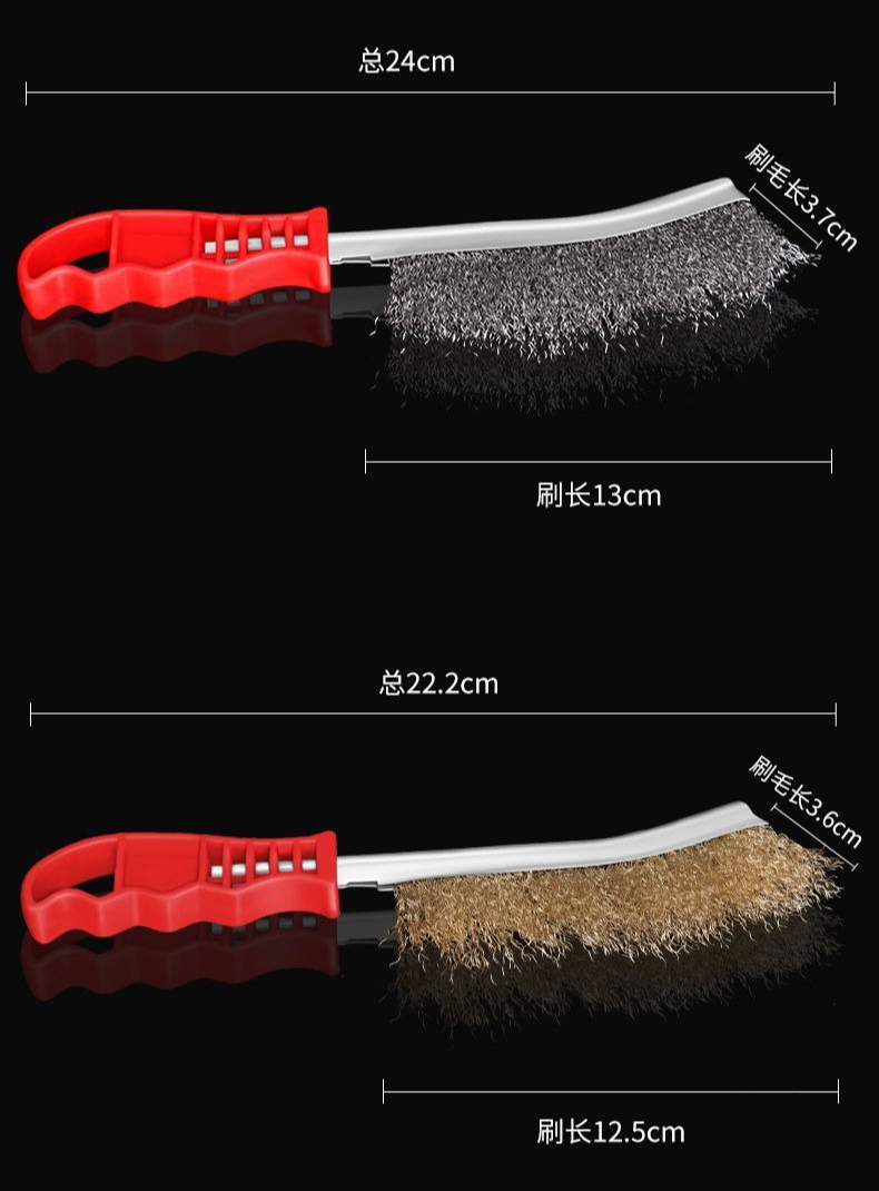 Četka za industrijski nož sa oštrim čeličnim žicama i crvenom plastificiraną drskom - Čvrsta konstrukcija od obloženog metala, ergonomska ručica za uklanjanje rđe، poliranje， brušenje、 deburring i pripremu površine – Idealna za radionice, građevinu, automobilistiku, kuhinju, toletet, baštu – Izdržljiva metalna četka za teže poslove abrazivno ribljenje і poliranje sa čvórstom plastičnom drъškom and bakarnim obloženim cheličnim žicám