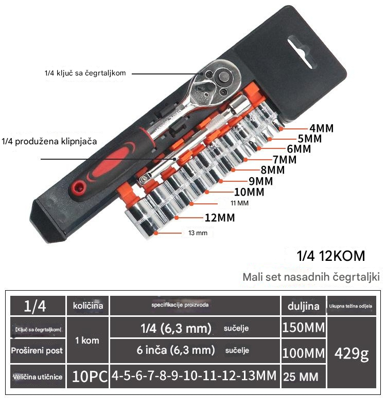 12 komada set ključeva sa račnom, višenamenski alat za popravku automobila i mašina