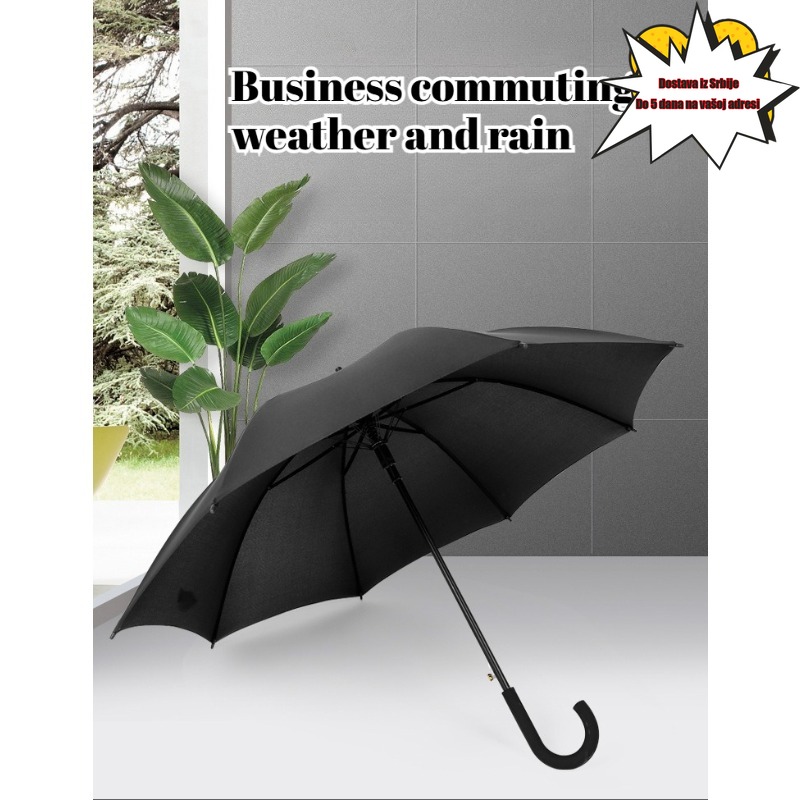 1 kom Klasični Crni Kišobran sa Dugom Drškom | Jednobojna Zakrivljena Drška, Za Sve Vremenske Uslove, Neophodan za Poslovna Putovanja, Kiša za Svakodnevno Putovanje, Pongee 210T, 8 Rebara, Čelični Ram
