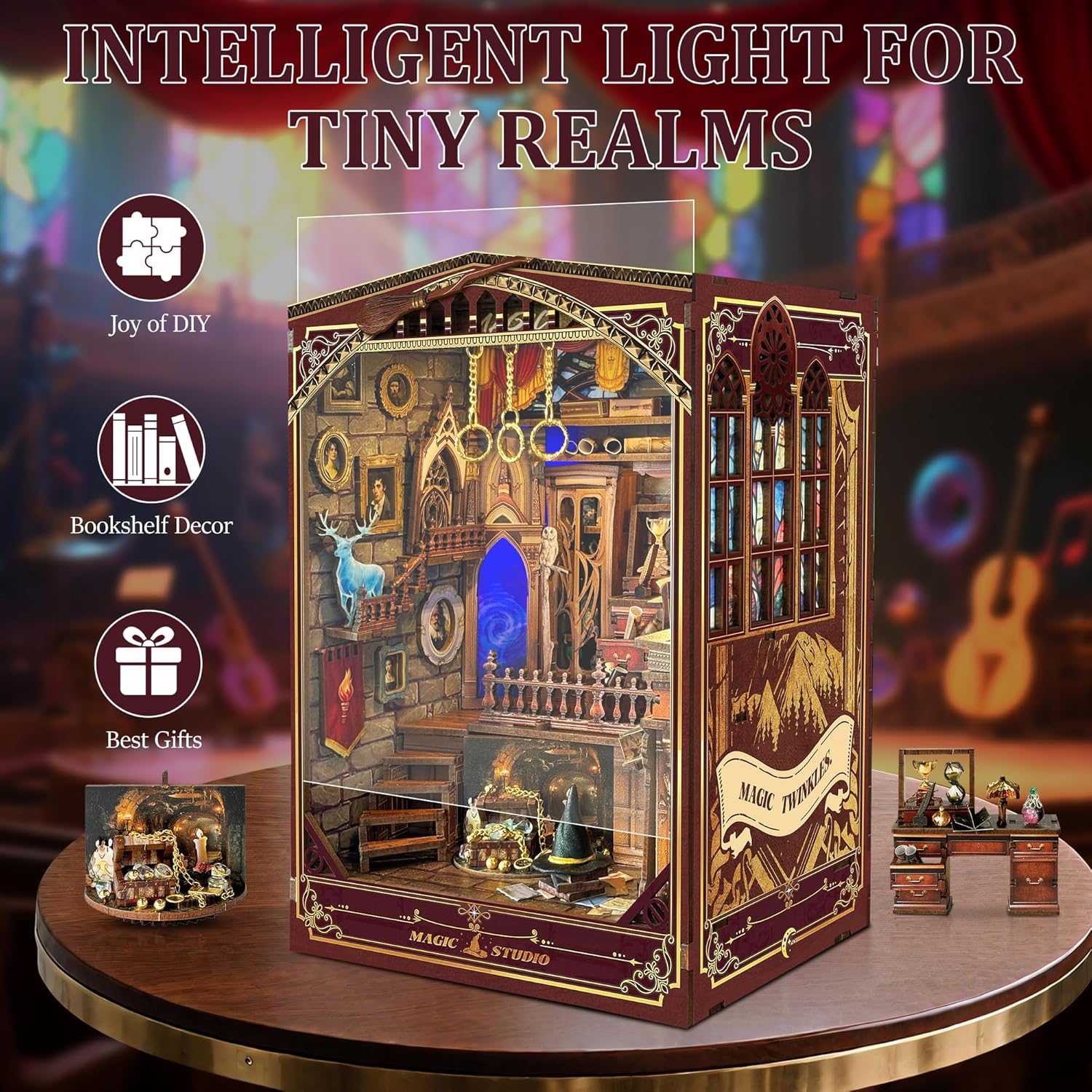 Kompleti za kutak za knjige za odrasle - Napravite svoj vlastiti minijaturni umetak za policu za knjige sa LED osvetljenjem, maštoviti kompleti za izradu knjižnog kutka, dekoracija sobe za fantazijsku tavern dioramu, savršen poklon za ljubitelje knjiga, kutak čuda i knjiga.