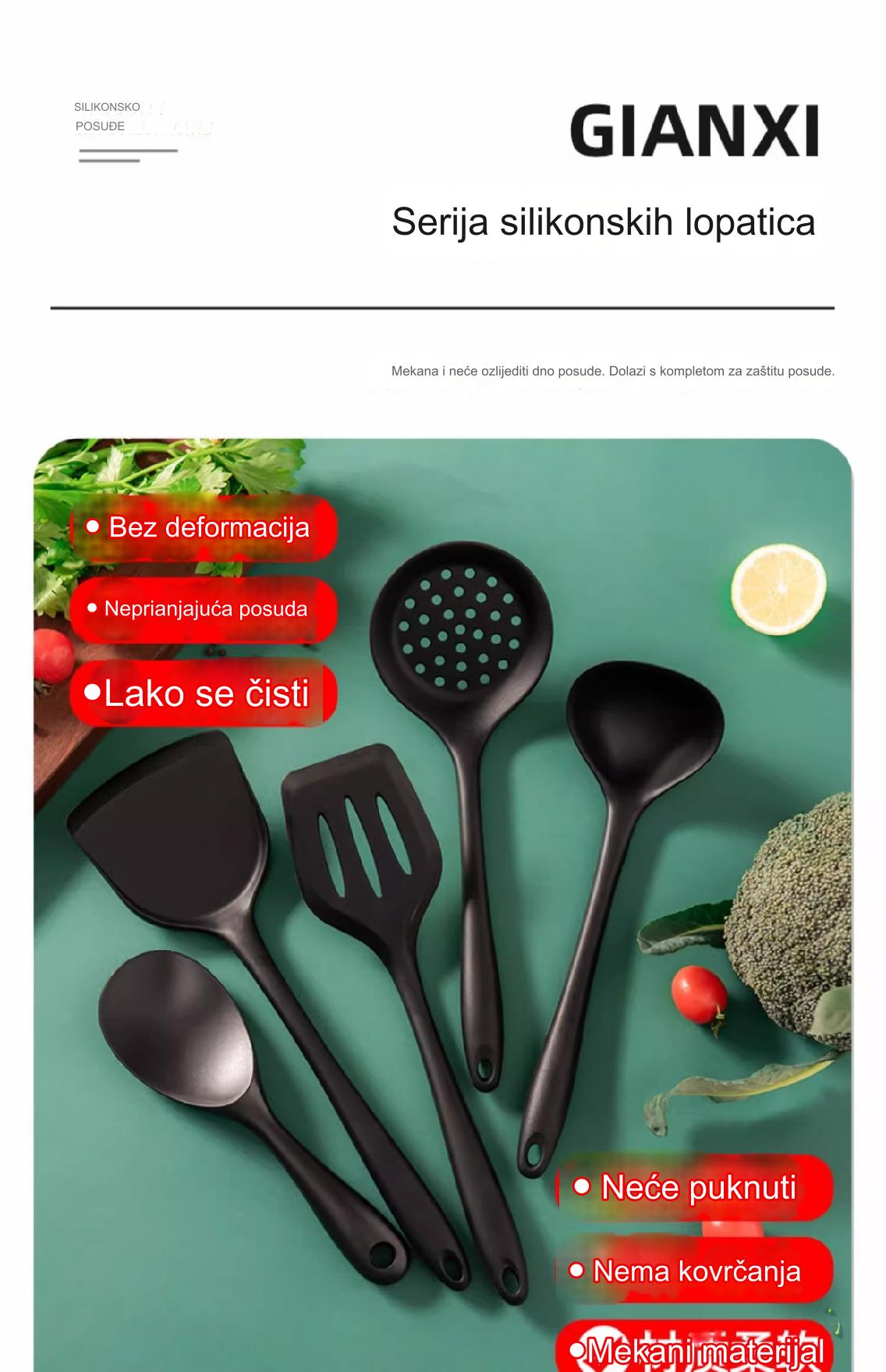 Set silikonskih lopatica otpornih na toplotu, nelepljivih, sa ergonomskom drškom i rupom za kačenje - Izdržljivi set kuhinjskog pribora, crveni i dizajn, neklizajuća drška, pogodno za pranje u mašini za sudove - Uključuje lopaticu za prženje, lopaticu sa rupama, okretanje, kašiku, strugač - Idealno za prženje