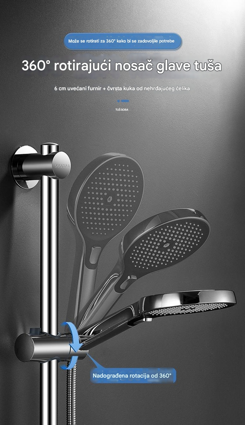 Podesivi nosač za montažu tuša od nerđajućeg čelika - Instalacija bez bušenja, rotirajući 360°, izdržljivi držač glave tuša za kupatilo sa postavljanjem bez alata, kompatibilan sa tuš glavama za kišu, moderan dizajn za jednostavnu instalaciju i održavanje (bez šrafova)