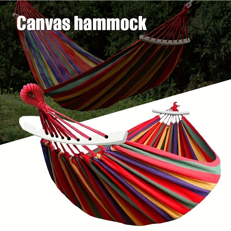 Set ležaljki za kampovanje za dve osobe - Izdržljiva crveno-bela prugasta ležaljka protiv prevrtanja, napravljena od izdržljivog platnenog materijala, sa čvrstim zakrivljenim drvenim postoljima | Unutrašnja ljuljaška, pogodna za bašte, kampovanje, balkone, na otvorenom