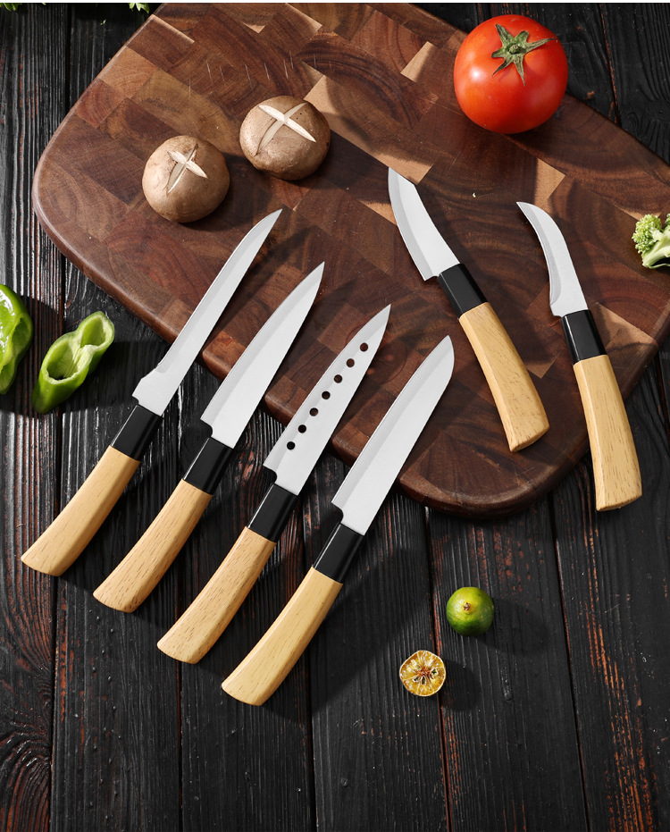 Premium set kuhinjskih noževa oštrih kao britva | Oštrice od visokougljeničnog nehrđajućeg čelika, drške u boji drveta, idealni za sečenje povrća i voća