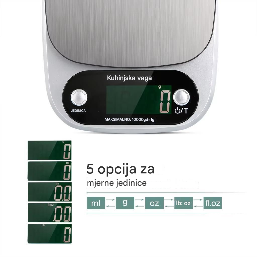 Elektronska kuhinjska vaga od nerđajućeg čelika sa digitalnim displejem i funkcijom tare - Visoko precizna vaga za pečenje, napaja se baterijama (baterije nisu uključene) za precizno merenje hrane, merenje u više jedinica, kompaktan dizajn za kućne i profesionalne kuhinje