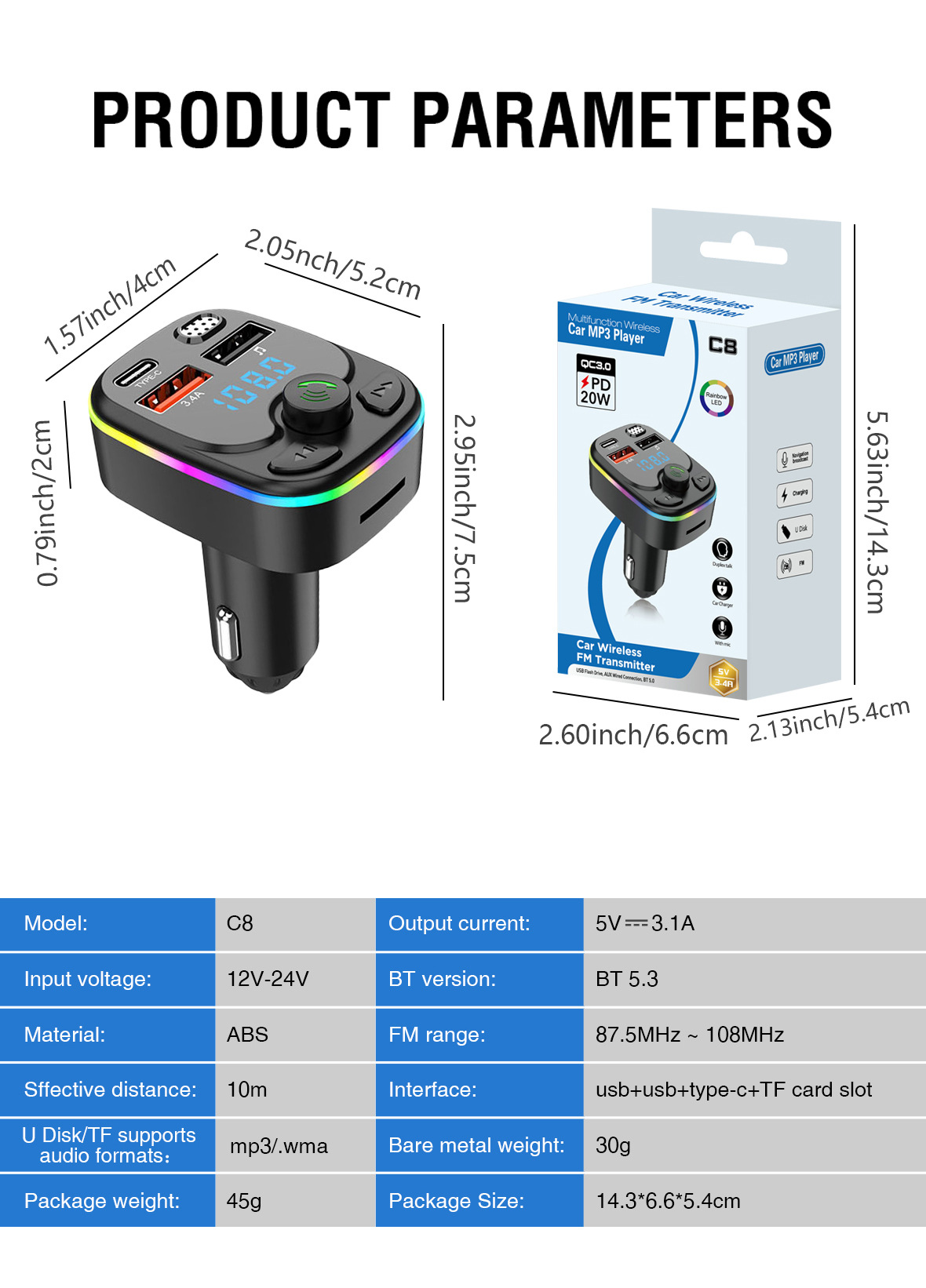 Auto MP3 Plejer sa Hands-Free Pozivima, FM Predajnikom, Upaljačem, Utorom za Memorijsku Karticu & Punjačem za Pametne Telefone/Tablete - Kompatibilan sa Utičnicom za Upaljač (Bez Spoljnog Napajanja)