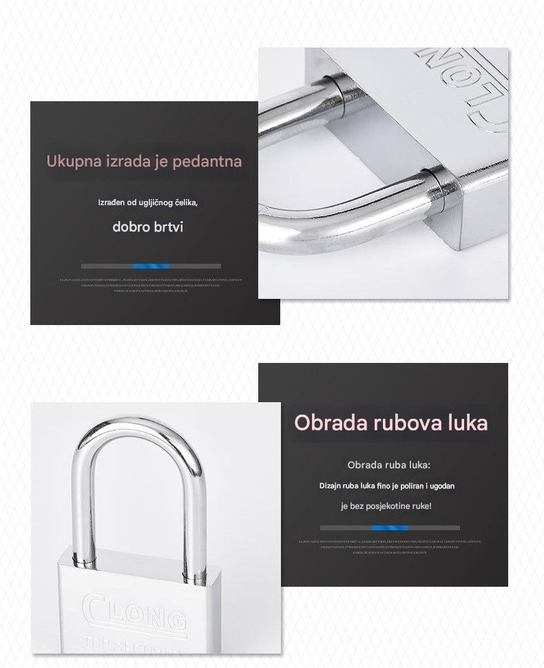 Čelična brava za teške uslove sa 4 kvadratna sečiva i nerđajućom glavom - Brava za vrata, kapije, sefove, škrinje, otporna na neovlašćeno otvaranje, za kancelariju ili poslovne prostore (bez ključa/pristupa)