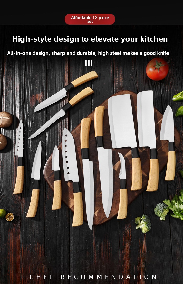 Premium set kuhinjskih noževa oštrih kao britva | Oštrice od visokougljeničnog nehrđajućeg čelika, drške u boji drveta, idealni za sečenje povrća i voća
