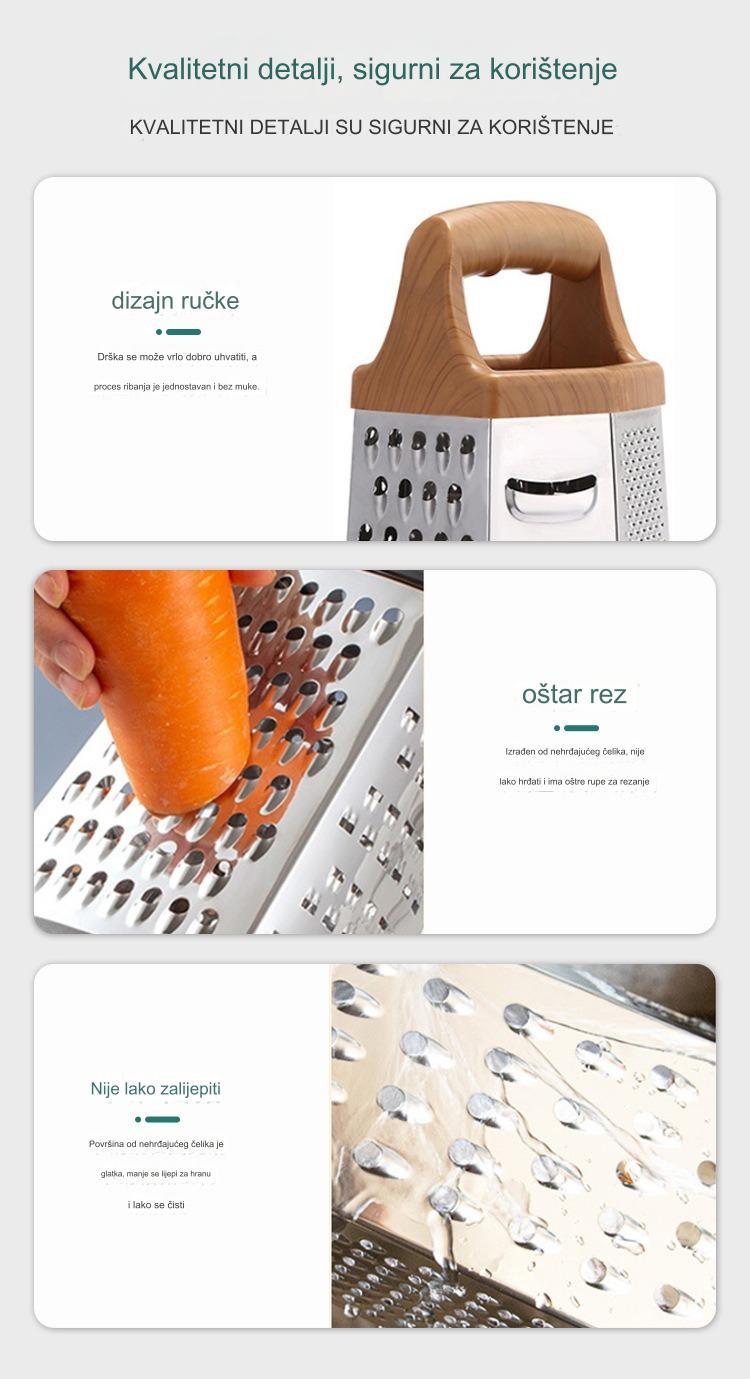 Višenamenski 6-u-1 Robusni Nerđajući Čelični Piling & Seckalica za Povrće - 6-strani Planer sa Sečivom za Sečenje, Ribanje, Rendanje, Seckanje - Kompaktni Kuhinjski Alat za Voće, Povrće, Sir, Orašaste Plodove & Bilje - Lako