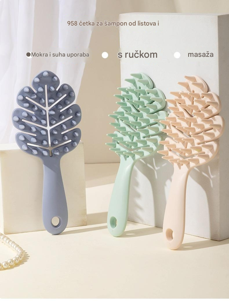 Češalj sa dugom drškom u obliku lista, šuplje čekinje, čvrste čekinje, za masažu i čišćenje, za suvo ili mokro korišćenje