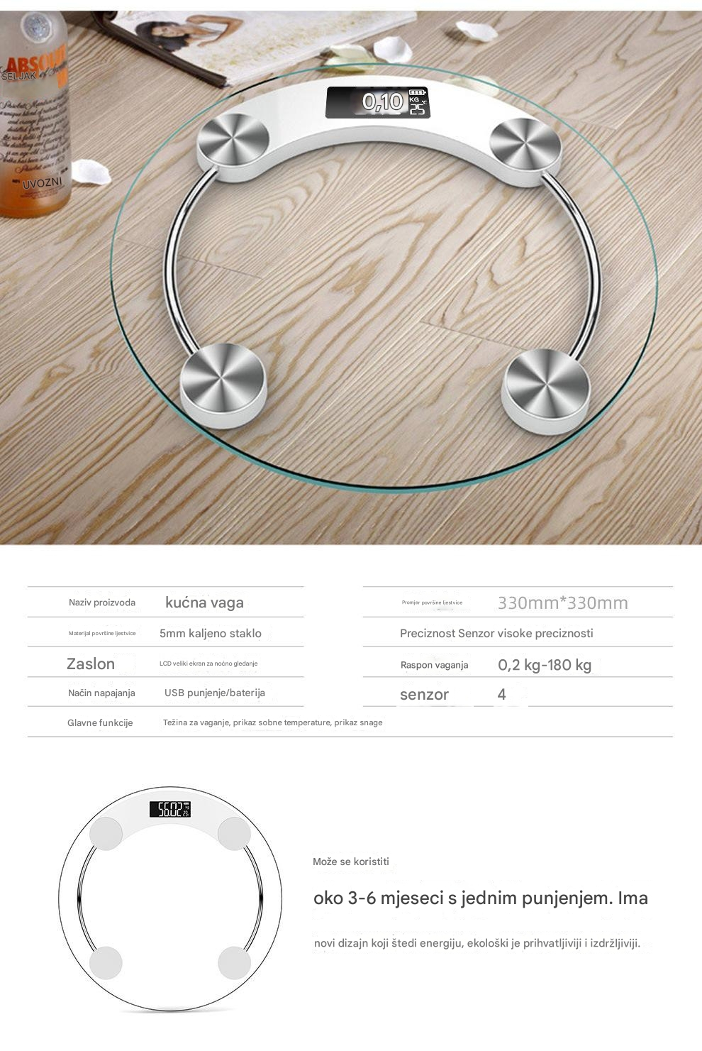 Digitalna vaga za merenje telesne masti - Visokoprecizna kupatilska vaga sa tačnim merenjem težine i mase, jednostavan displej, kompaktni dizajn za teretanu, uređaj za praćenje zdravlja