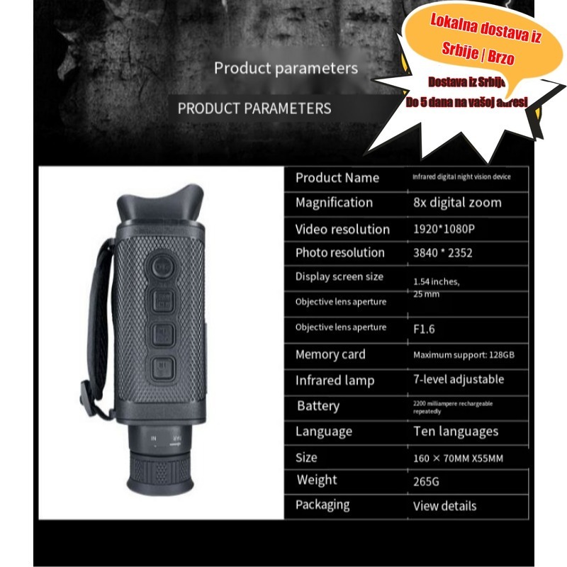 Visokokvalitetni digitalni monokular za noćno gledanje sa 8X uvećanjem, 1080P HD rezolucijom i 850Nm infracrvenim svetlom, dizajniran specijalno za lov i aktivnosti na otvorenom