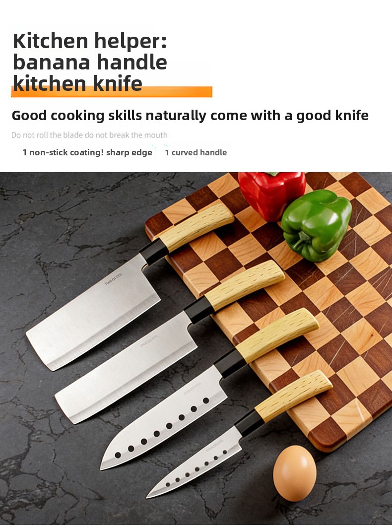 Set od 4 komada kuhinjskih noževa od nerđajućeg čelika, oštri i izdržljivi, kućni kuhinjski nož, oštrica sa izbušenim kružnim rupama, drvena drška za nož za voće i povrće
