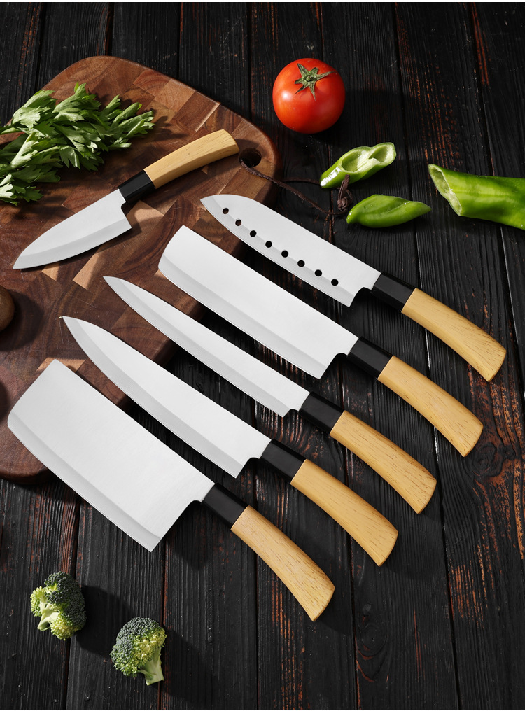 Premium set kuhinjskih noževa oštrih kao britva | Oštrice od visokougljeničnog nehrđajućeg čelika, drške u boji drveta, idealni za sečenje povrća i voća