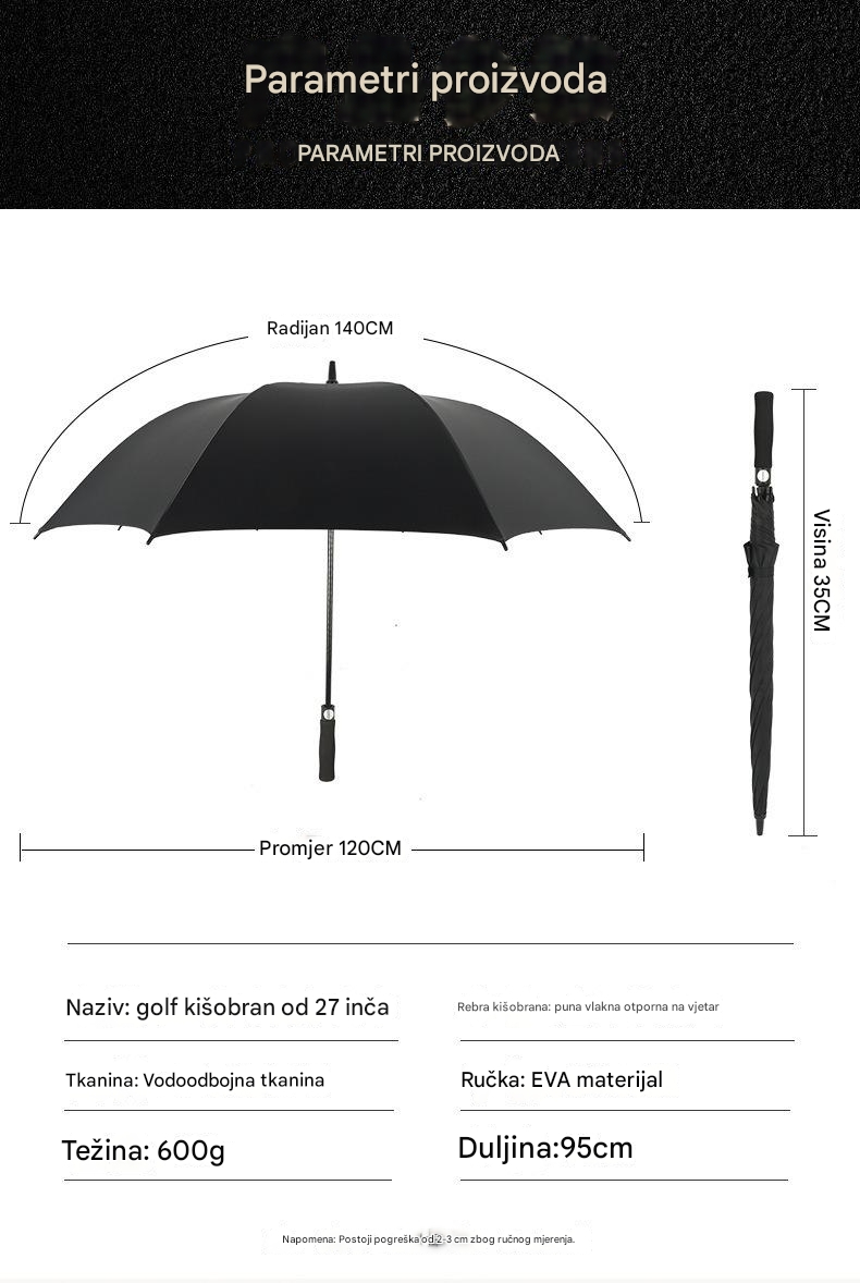 Poslovni Automatski Kišobran sa Dugom Drškom i Ravnom Krilom za Muškarce | Otporan na Vetar i Vodootporan, 8 Rebara, Gvozdeni i Plastični Ram, Netkani Materijal, Zreli Stil