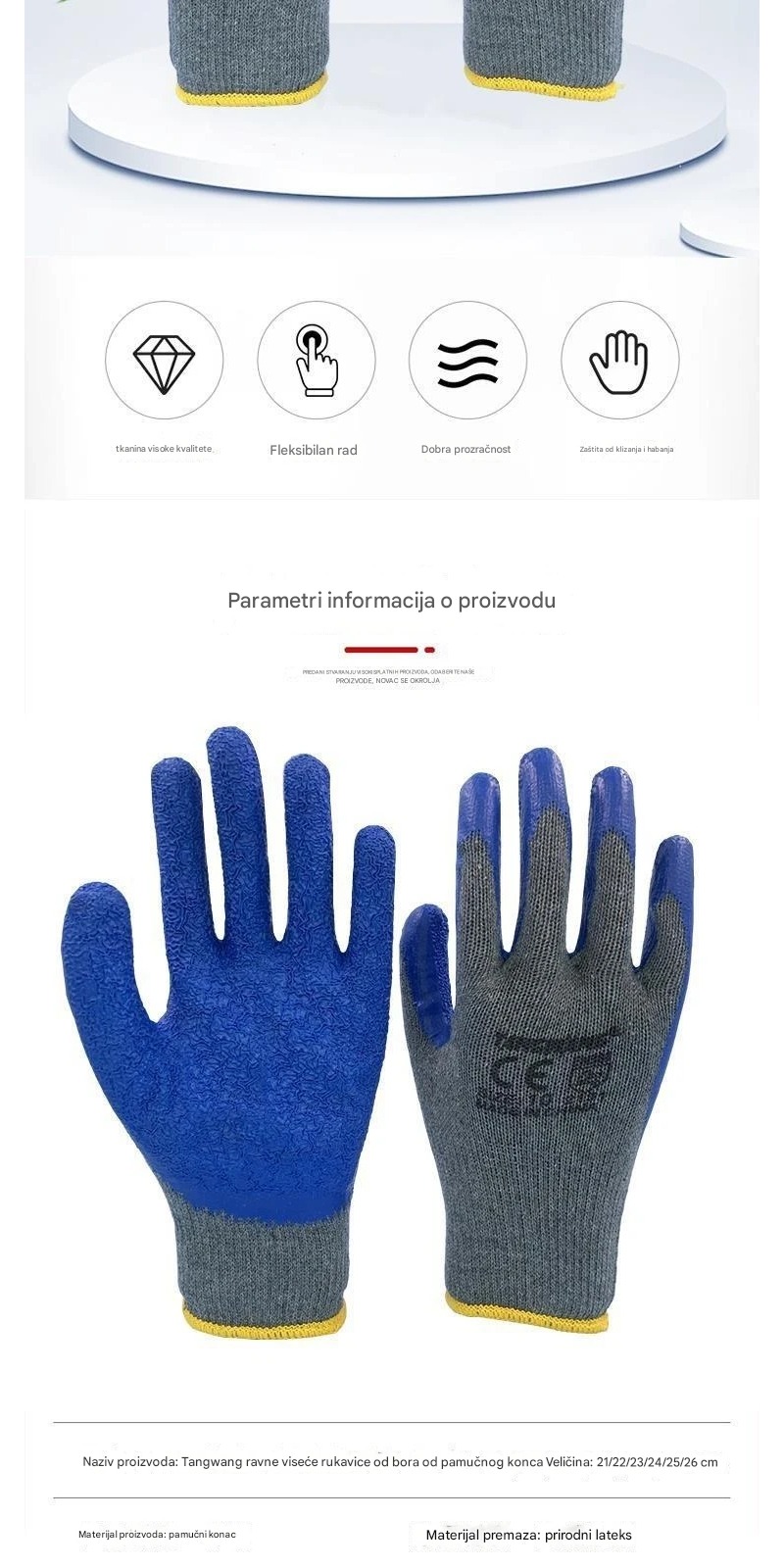 Zaštitne radne rukavice za baštu, hortikulturu i logistiku | Pamučna postava sa lateks premazom, dizajn bez prstiju, ne peglati