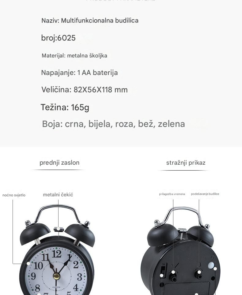 Kreativni metalni budilnik sa tihim noćnim svetlom za decu i učenike, moderan i klasičan noćni stočić