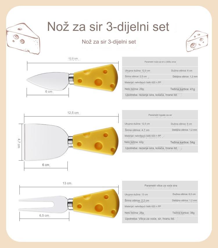 Kreativni set od tri komada noževa za sir sa žutom drškom, viljuškom i lopaticom od nehrđajućeg čelika