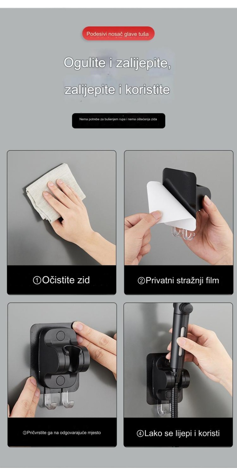 Podesiva baza za tuš bez bušenja | Držač glave tuša za kupatilo, plastični materijal