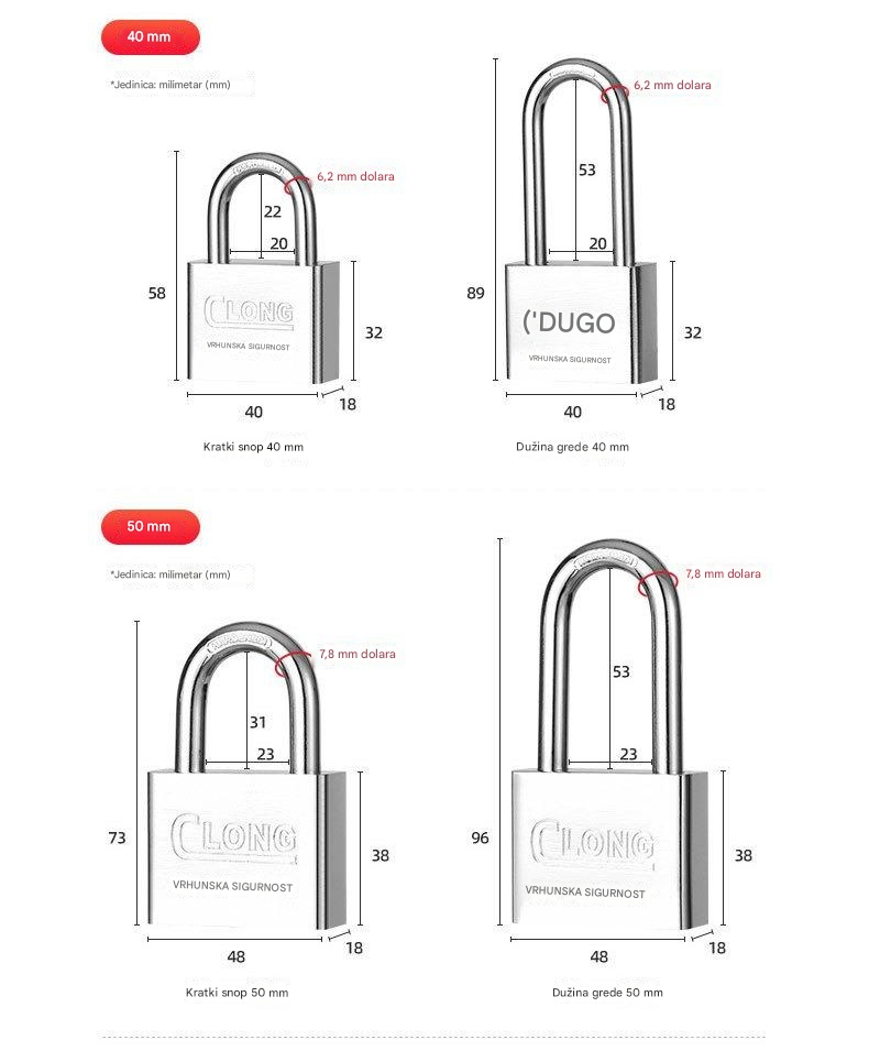 Čelična brava za teške uslove sa 4 kvadratna sečiva i nerđajućom glavom - Brava za vrata, kapije, sefove, škrinje, otporna na neovlašćeno otvaranje, za kancelariju ili poslovne prostore (bez ključa/pristupa)