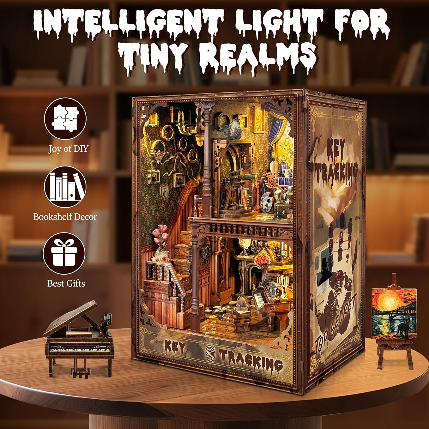 Kompleti za kutak za knjige za odrasle - Napravite svoj vlastiti minijaturni umetak za policu za knjige sa LED osvetljenjem, maštoviti kompleti za izradu knjižnog kutka, dekoracija sobe za fantazijsku tavern dioramu, savršen poklon za ljubitelje knjiga, kutak čuda i knjiga.