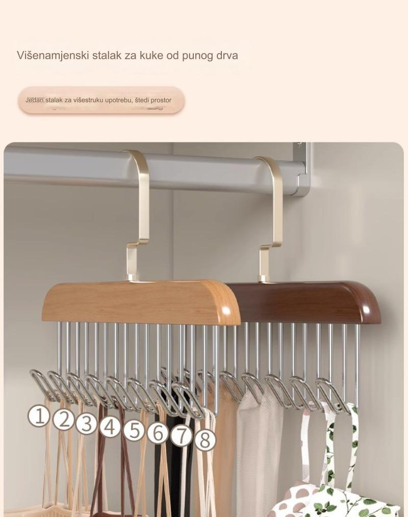 Moderan Držač od Pravog Drveta sa Osam Kukica | Svestrano Skladištenje za Donje Rublje, Kaiševe, Prsluke, Šalove i Čarape