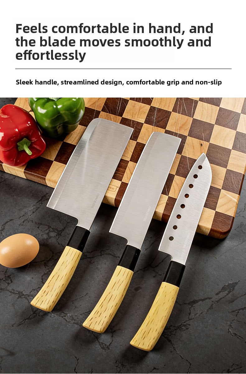 Set od 3 komada kuhinjskih noževa od nerđajućeg čelika sa oštrim i izdržljivim dizajnom, pogodan za kućnu upotrebu, sa šupljom kružnom oštricom i drvenom drškom za sečenje voća i povrća