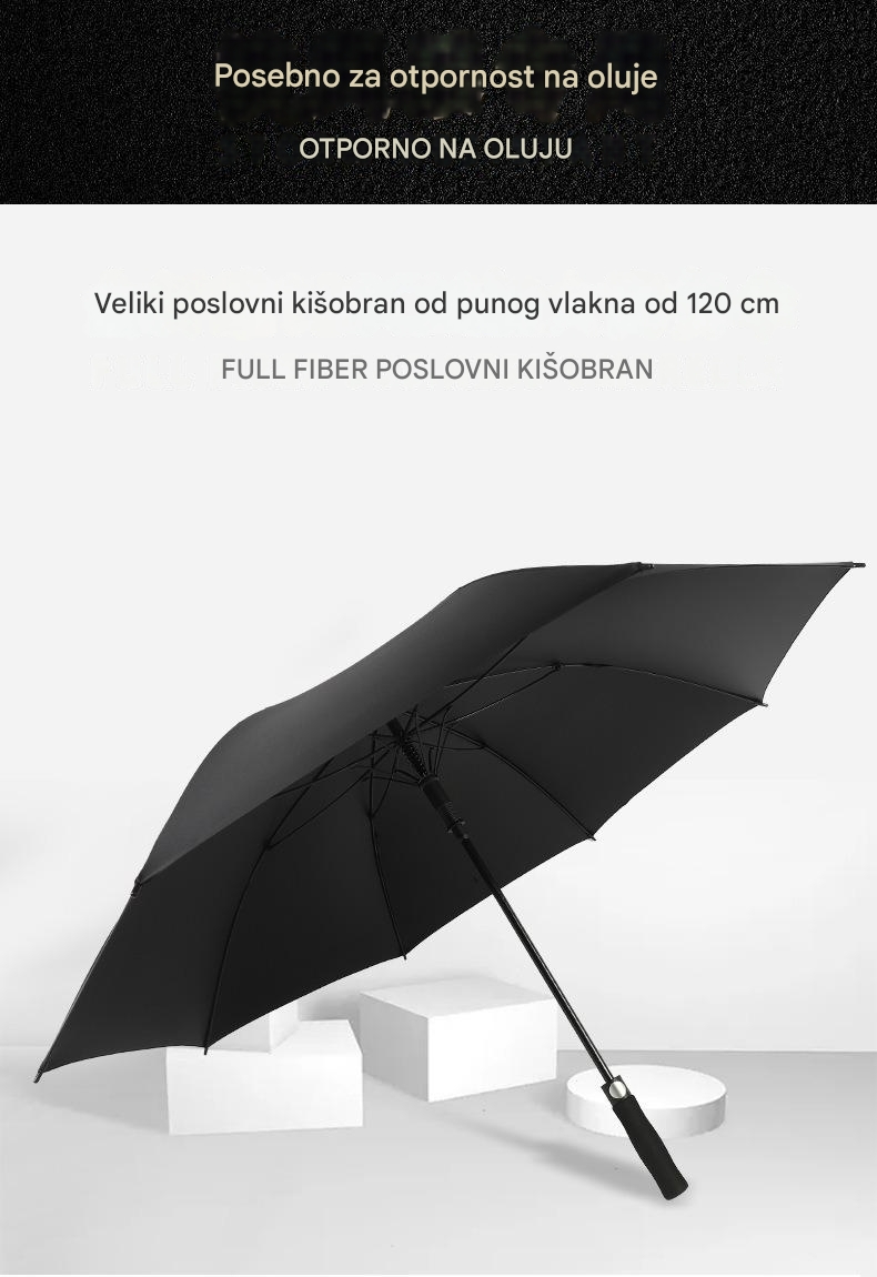 Poslovni Automatski Kišobran sa Dugom Drškom i Ravnom Krilom za Muškarce | Otporan na Vetar i Vodootporan, 8 Rebara, Gvozdeni i Plastični Ram, Netkani Materijal, Zreli Stil