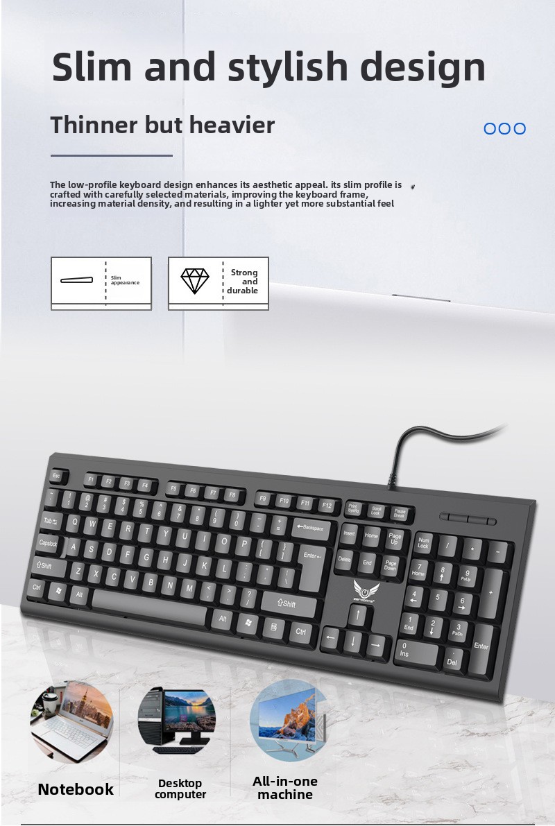 Uska Žična USB Tastatura za Poslovnu Kancelariju Kućnu Upotrebu Kompatibilna sa Desktop PC računarima, Ergonomski Dizajnirana Tastatura, Račuka Tastatura, Kompaktna Tastatura, Elegantan Dizajn, Izdržljive Tipke, Čvrsta Konstrukcija, USB Tipkanje