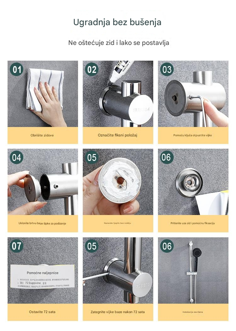 304 Šipka za tuš od nerđajućeg čelika, zidna klizna šipka za kupatilo sa podesivim držačem glave tuša i deljenim nosačem za tuš