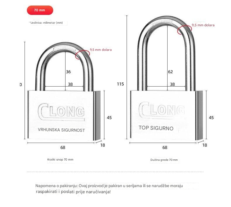Čelična brava za teške uslove sa 4 kvadratna sečiva i nerđajućom glavom - Brava za vrata, kapije, sefove, škrinje, otporna na neovlašćeno otvaranje, za kancelariju ili poslovne prostore (bez ključa/pristupa)