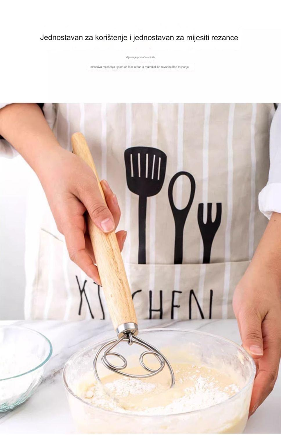 Mutilica za jaja od nerđajućeg čelika sa duplim petljama i drvenom drškom | 304 nerđajući čelik, idealna za mešanje testa i brašna