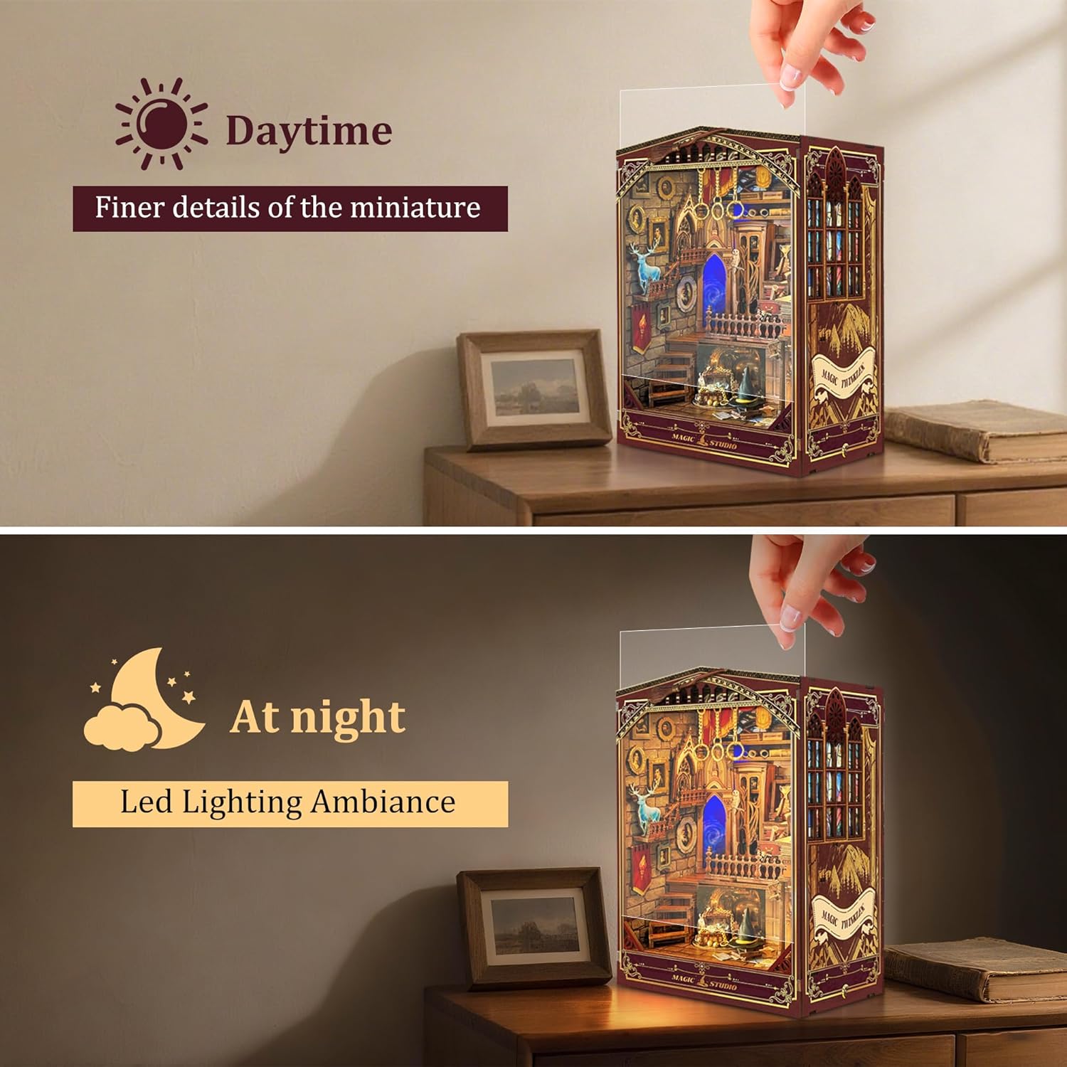 Kompleti za kutak za knjige za odrasle - Napravite svoj vlastiti minijaturni umetak za policu za knjige sa LED osvetljenjem, maštoviti kompleti za izradu knjižnog kutka, dekoracija sobe za fantazijsku tavern dioramu, savršen poklon za ljubitelje knjiga, kutak čuda i knjiga.