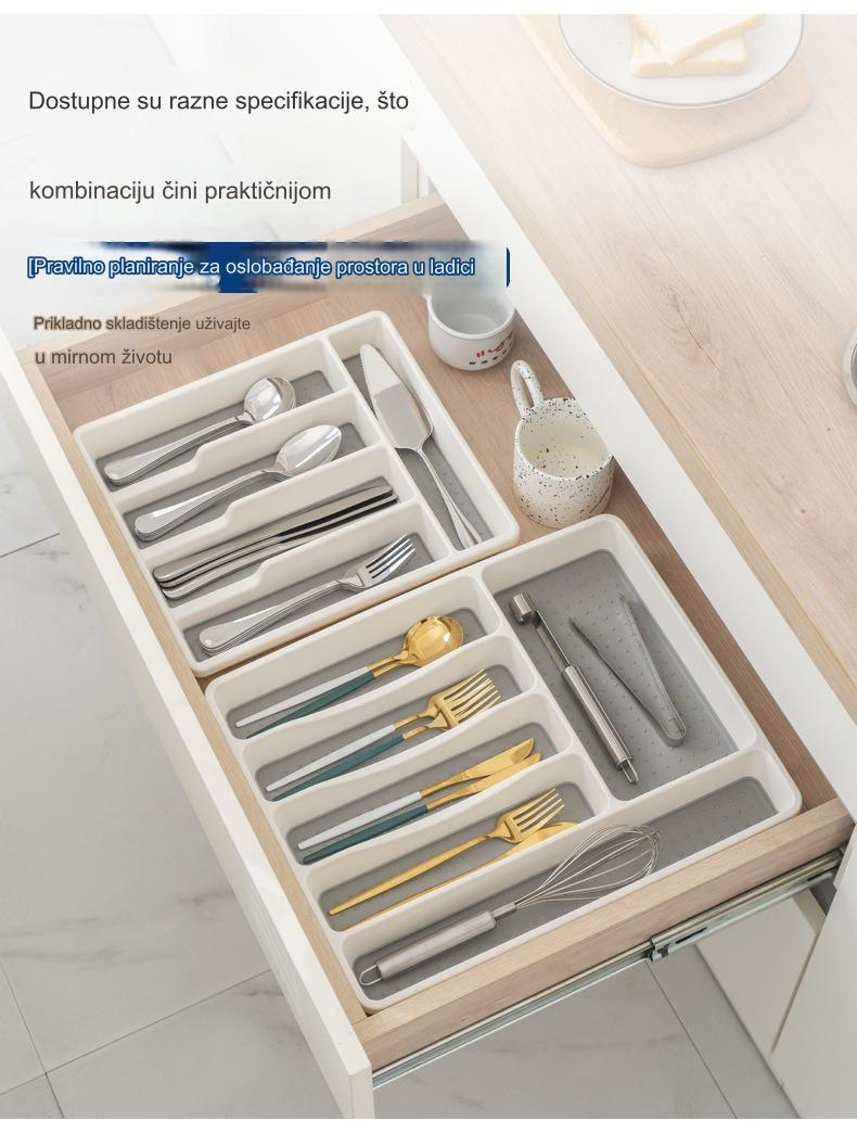 Zidni organizator za kuhinjski pribor sa pregradama za blokove i pribor - Izdržljiv ABS beli i drveni izgled (Montaža bez alata) - Štedi prostor, fioka/traka za noževe, viljuške, kašike, špatule, mutilice